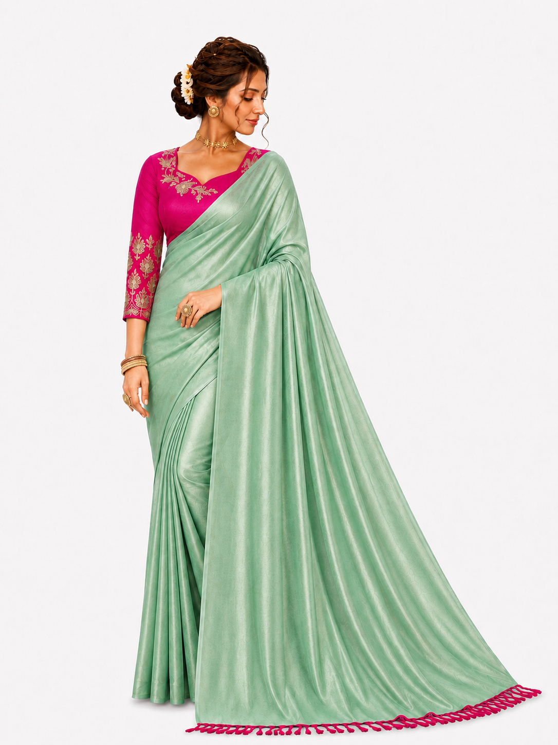 readymade saree - green, pink