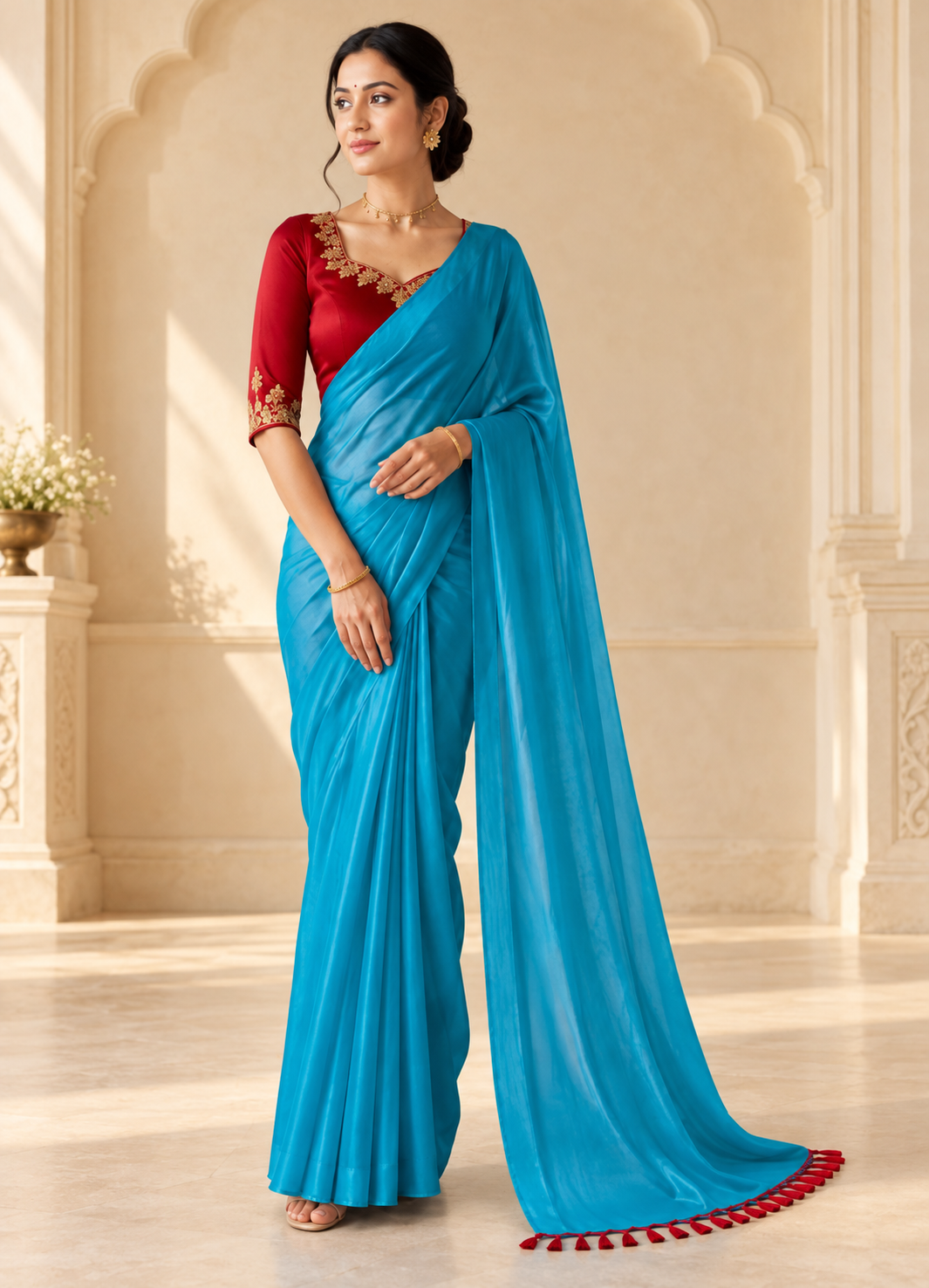Elegant Teal Saree in Heritage Alcove